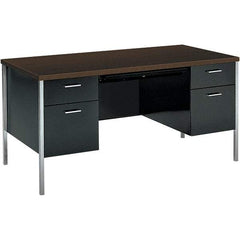 Hon - Woodgrain Laminate Double Pedestal Desk with Center Drawer - 60" Wide x 30" Deep x 29-1/2" High, Mocha/Black - Best Tool & Supply