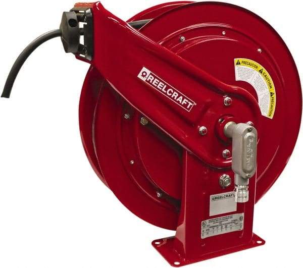 Reelcraft - 12 AWG, 100' Cable Length, Cord & Cable Reel with Flying Lead End - 0 Outlets, 16 Amps, 600 Volts, SEOOW Cable, Red Reel, Spring Driven Reel - Best Tool & Supply