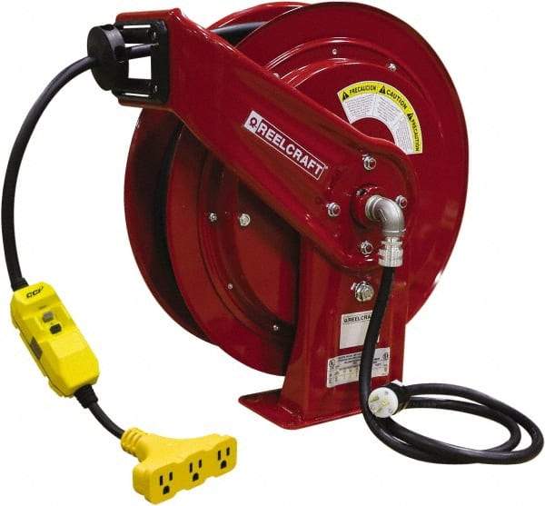 Reelcraft - 12 AWG, 100' Cable Length, Cord & Cable Reel with Triple-Tap with GFCI End - 3 Outlets, NEMA 5-15R, 15 Amps, 125 Volts, SEOOW Cable, Red Reel, Spring Driven Reel - Best Tool & Supply