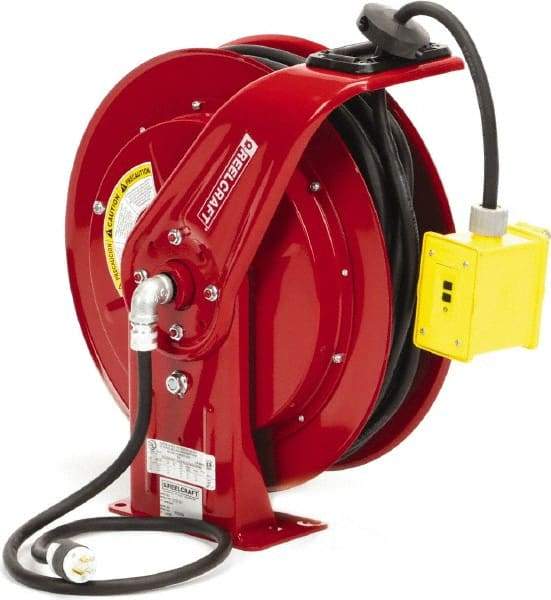 Reelcraft - 12 AWG, 100' Cable Length, Cord & Cable Reel with Duplex GFCI Outlet Box End - 2 Outlets, NEMA 5-20R, 20 Amps, 125 Volts, SEOOW Cable, Red Reel, Spring Driven Reel - Best Tool & Supply