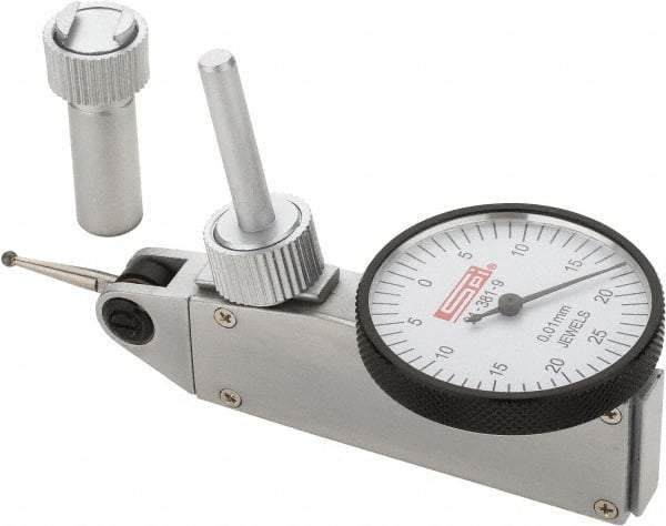 SPI - 0.5mm Range, 0.01mm Dial Graduation, Horizontal Dial Test Indicator - 32mm White Dial, 0-25-0 Dial Reading, Accurate to 0.013mm - Best Tool & Supply