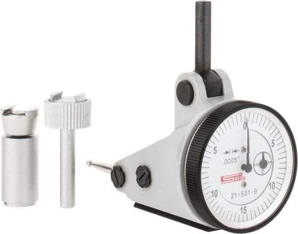 SPI - 0.06" Range, 0.0005" Dial Graduation, Vertical Dial Test Indicator - 1-3/16" White Dial, 0-15-0 Dial Reading, Accurate to 0.0012" - Best Tool & Supply