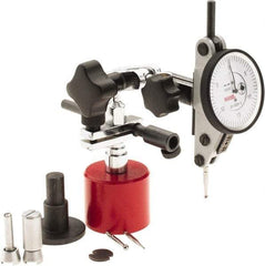 SPI - 9 Piece, 0" to 0.06" Measuring Range, 1-1/2" Dial Diam, 0-15-0 Dial Reading, White Dial Test Indicator Kit - 0.0012" Accuracy, 0.86" Contact Point Length, 0.079" Ball Diam, 0.0005" Dial Graduation - Best Tool & Supply