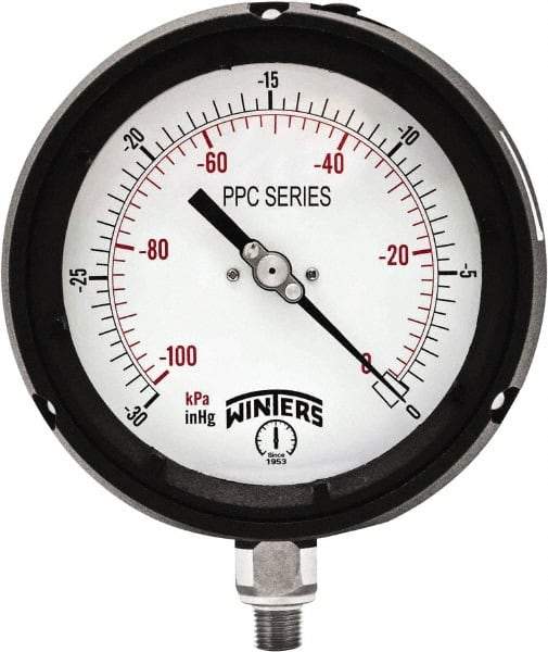 Winters - 4-1/2" Dial, 1/4 Thread, 30-0 Hg VAC Scale Range, Pressure Gauge - Bottom Connection Mount, Accurate to ±0.5% of Scale - Best Tool & Supply