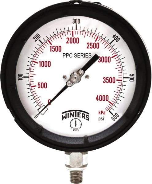 Winters - 4-1/2" Dial, 1/4 Thread, 0-600 Scale Range, Pressure Gauge - Bottom Connection Mount, Accurate to ±0.5% of Scale - Best Tool & Supply