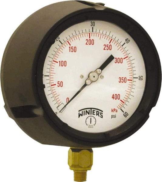 Winters - 4-1/2" Dial, 1/4 Thread, 0-60 Scale Range, Pressure Gauge - Bottom Connection Mount, Accurate to ±0.5% of Scale - Best Tool & Supply