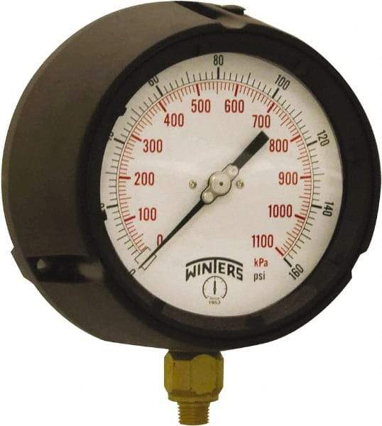 Winters - 4-1/2" Dial, 1/4 Thread, 0-160 Scale Range, Pressure Gauge - Bottom Connection Mount, Accurate to ±0.5% of Scale - Best Tool & Supply