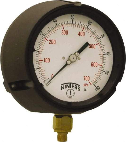 Winters - 4-1/2" Dial, 1/4 Thread, 0-100 Scale Range, Pressure Gauge - Bottom Connection Mount, Accurate to ±0.5% of Scale - Best Tool & Supply