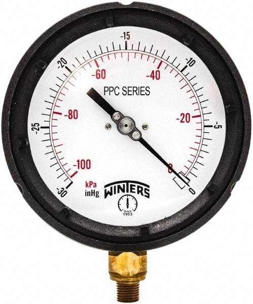 Winters - 4-1/2" Dial, 1/4 Thread, 30-0 Hg VAC Scale Range, Pressure Gauge - Bottom Connection Mount, Accurate to ±0.5% of Scale - Best Tool & Supply