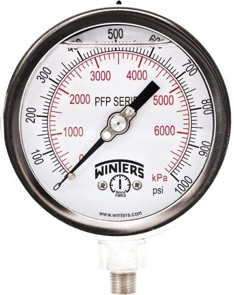 Winters - 4" Dial, 1/4 Thread, 0-1,000 Scale Range, Pressure Gauge - Bottom Connection Mount, Accurate to 0.01% of Scale - Best Tool & Supply