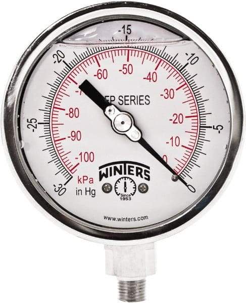 Winters - 4" Dial, 1/4 Thread, 30" HG Vac Scale Range, Pressure Gauge - Bottom Connection Mount, Accurate to 1% Full-Scale of Scale - Best Tool & Supply