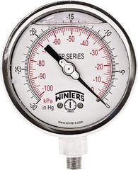 Winters - 4" Dial, 1/4 Thread, 30" HG Vac Scale Range, Pressure Gauge - Bottom Connection Mount, Accurate to 1% Full-Scale of Scale - Best Tool & Supply