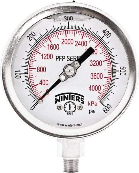 Winters - 4" Dial, 1/4 Thread, 0-600 Scale Range, Pressure Gauge - Bottom Connection Mount, Accurate to 0.01% of Scale - Best Tool & Supply