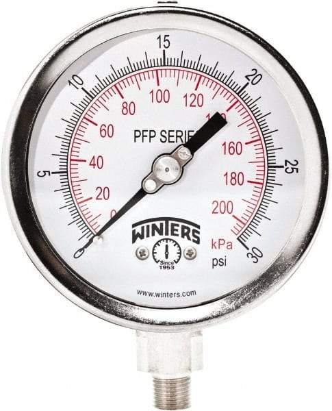 Winters - 4" Dial, 1/4 Thread, 0-30 Scale Range, Pressure Gauge - Bottom Connection Mount, Accurate to 0.01% of Scale - Best Tool & Supply