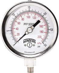 Winters - 4" Dial, 1/4 Thread, 0-30 Scale Range, Pressure Gauge - Bottom Connection Mount, Accurate to 1% Full-Scale of Scale - Best Tool & Supply