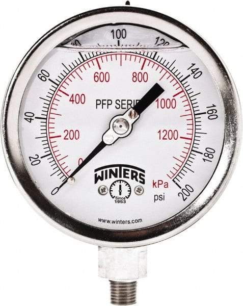 Winters - 4" Dial, 1/4 Thread, 0-200 Scale Range, Pressure Gauge - Bottom Connection Mount, Accurate to 0.01% of Scale - Best Tool & Supply