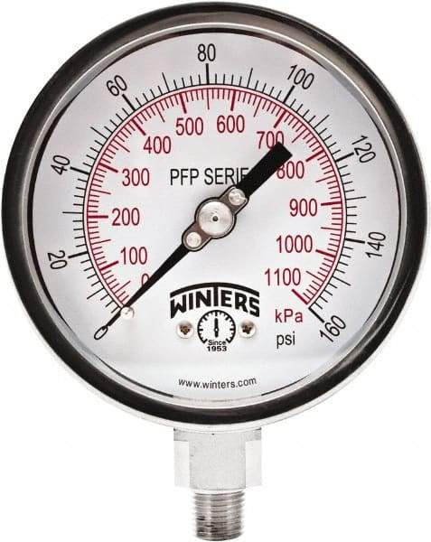 Winters - 4" Dial, 1/4 Thread, 0-160 Scale Range, Pressure Gauge - Bottom Connection Mount, Accurate to 0.01% of Scale - Best Tool & Supply