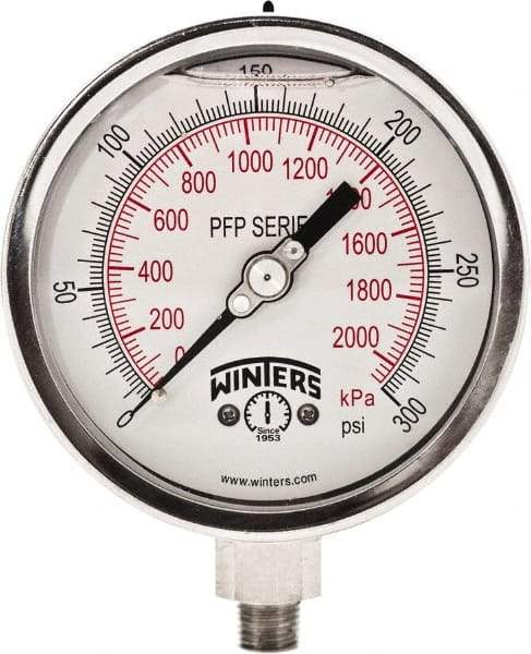 Winters - 4" Dial, 1/4 Thread, 0-300 Scale Range, Pressure Gauge - Bottom Connection Mount, Accurate to 1% Full-Scale of Scale - Best Tool & Supply