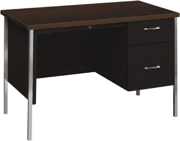 Hon - Woodgrain Laminate Right Pedestal Desk with Center Drawer - 45-1/4" Wide x 24" Deep x 29-1/2" High, Mocha/Black - Best Tool & Supply