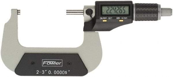 Fowler - 2 to 3" Range, 0.00005" Resolution, Standard Throat IP54 Electronic Outside Micrometer - 0.0002" Accuracy, Ratchet Stop Thimble, Carbide Face, CR2032 Battery - Best Tool & Supply