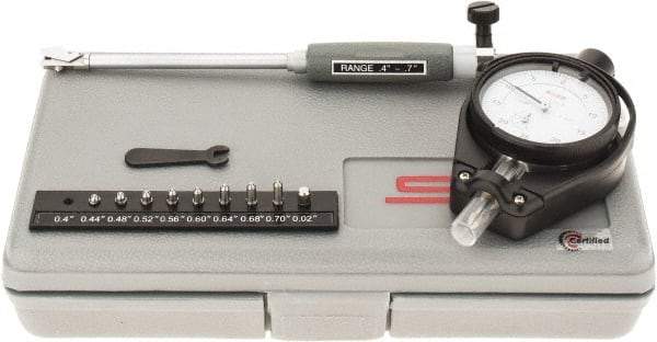 SPI - 9 Anvil, 0.4 to 0.7" Dial Bore Gage - 0.0005" Graduation, 4" Gage Depth, Accurate to 0.0006", Carbide Ball - Best Tool & Supply