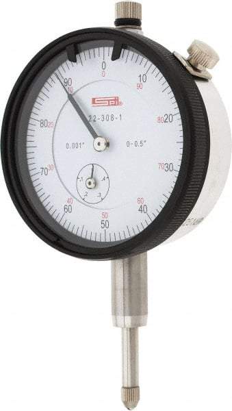 SPI - 1/2" Range, 0-100 Dial Reading, 0.001" Graduation Dial Drop Indicator - 2.2" Dial, 0.1" Range per Revolution, 0.002" Accuracy, Revolution Counter, Includes NIST Traceability Certification - Best Tool & Supply