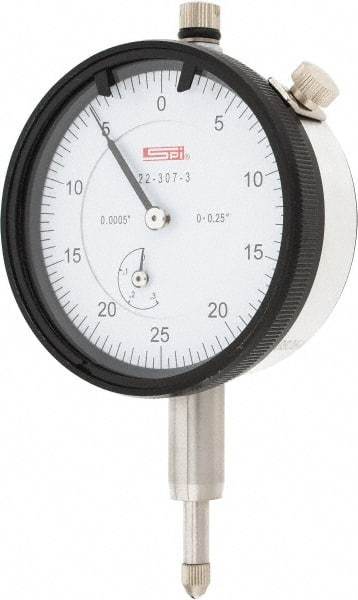 SPI - 1/4" Range, 0-25-0 Dial Reading, 0.0005" Graduation Dial Drop Indicator - 2.2" Dial, 0.05" Range per Revolution, 0.0015" Accuracy, Revolution Counter, Includes NIST Traceability Certification - Best Tool & Supply