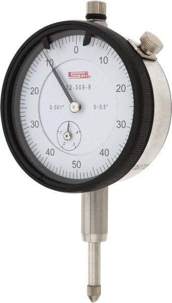 SPI - 1/2" Range, 0-50-0 Dial Reading, 0.001" Graduation Dial Drop Indicator - 2.2" Dial, 0.1" Range per Revolution, 0.002" Accuracy, Revolution Counter, Includes NIST Traceability Certification - Best Tool & Supply