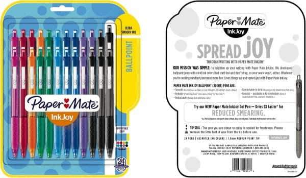 Paper Mate - 1mm Ball Point Retractable Ball Point Pen - Pink, Red, Orange, Green, Turquoise, Blue, Purple & Black - Best Tool & Supply