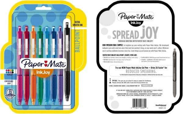 Paper Mate - 1mm Ball Point Retractable Ball Point Pen - Pink, Red, Orange, Green, Turquoise, Blue, Purple & Black - Best Tool & Supply