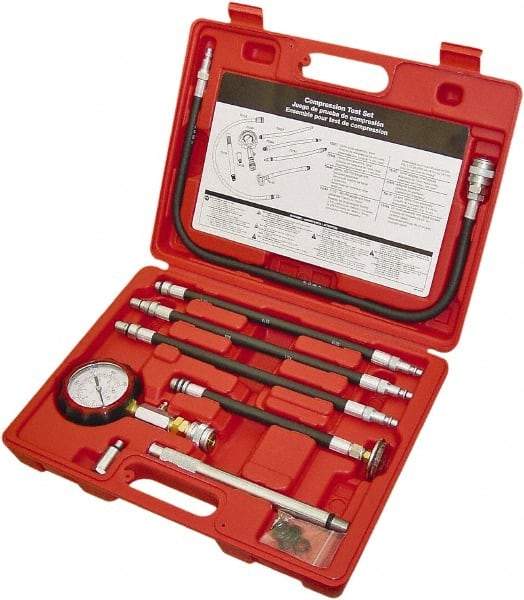 Lang - 8 Piece Dial Engine Compression Test Kit - 300 Max Pressure, 0 to 300 PSI (0 to 21 Kg/cm2) Scale - Best Tool & Supply