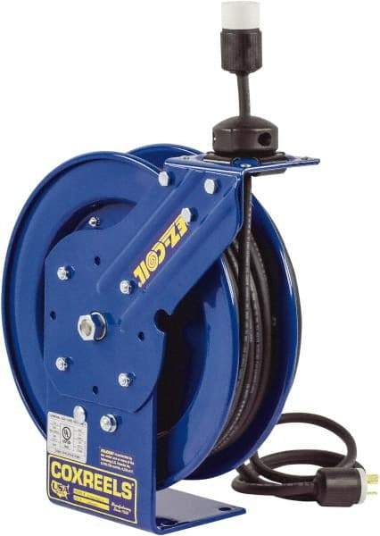 CoxReels - 16 AWG, 50' Cable Length, Cord & Cable Reel with Outlet End - 1 Outlet, NEMA 5-15R, 13 Amps, 115 Volts, SJO Cable, Blue Reel, Spring Driven Reel - Best Tool & Supply