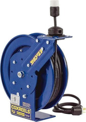 CoxReels - 12 AWG, 50' Cable Length, Cord & Cable Reel with Quad Outlet End - 4 Outlets, NEMA 5-20R, 20 Amps, 115 Volts, SJO Cable, Blue Reel, Spring Driven Reel - Best Tool & Supply