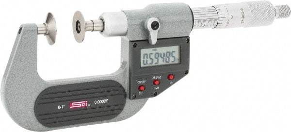 SPI - 0 to 1", IP54, Ratchet Stop Thimble, Electronic Disc Micrometer - 0.0001" Accuracy, 0.79" Disc, 0.00005" Resolution, 0.31" Spindle Diam, Steel Face, NIST Traceability Certification Included - Best Tool & Supply