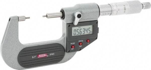 SPI - 0 to 1 Inch, 1.26 Inch Throat Depth, Electronic Spline Micrometer - 0.0001 Inch Accuracy, 0.00005 Inch Graduation, 0.25 Inch Spindle Diameter, 2mm Head Diameter, Ratchet Stop Thimble, Data Output - Best Tool & Supply