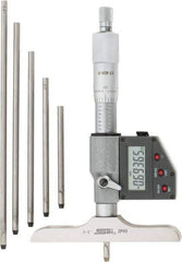 SPI - 0 to 150mm Range, 4" Base Length, 6 Rods, Ratchet Stop Thimble, Electronic Depth Micrometer - IP65, 0.00005" Resolution, Accurate to 0.005mm, 0.176" Rod Diam, LR44 Battery, Data Output - Best Tool & Supply