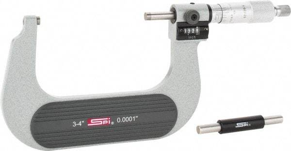 SPI - 3 to 4" Range, 0.0001" Graduation, Mechanical Outside Micrometer - Ratchet Stop Thimble, 2-1/4" Throat Depth, Accurate to 0.0002", Digital Counter - Best Tool & Supply