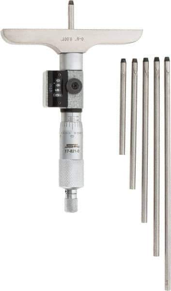 SPI - 0 to 6" Range, 6 Rod, Mechanical Depth Micrometer - Ratchet Stop Thimble, 4" Base Length, 0.001" Graduation, 4.5mm Rod Diam - Best Tool & Supply