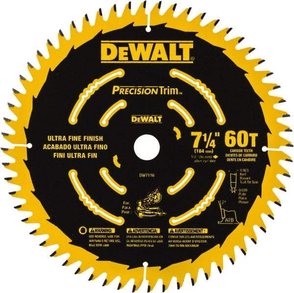 DeWALT - 7-1/4" Diam, 5/8" Arbor Hole Diam, 60 Tooth Wet & Dry Cut Saw Blade - Tungsten Carbide-Tipped, Smooth Action, Standard Round Arbor - Best Tool & Supply