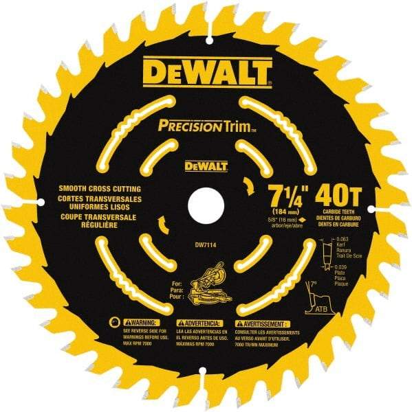 DeWALT - 7-1/4" Diam, 5/8" Arbor Hole Diam, 40 Tooth Wet & Dry Cut Saw Blade - Tungsten Carbide-Tipped, Smooth Action, Standard Round Arbor - Best Tool & Supply