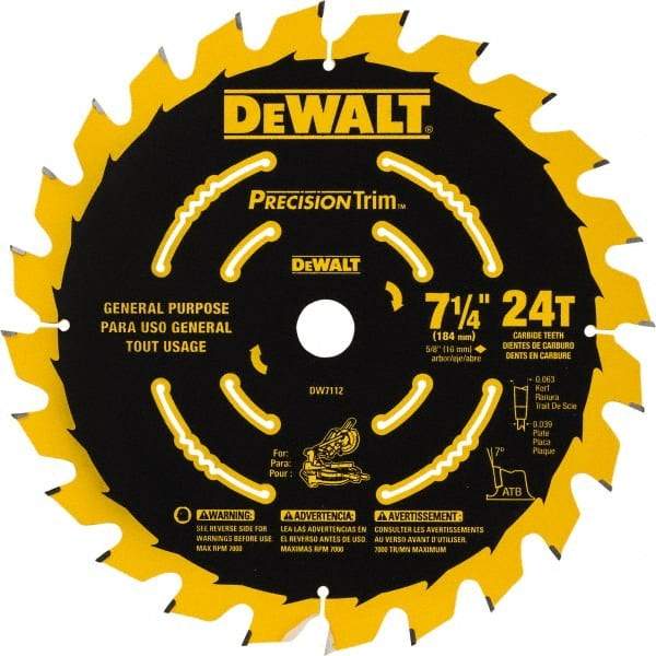 DeWALT - 7-1/4" Diam, 5/8" Arbor Hole Diam, 24 Tooth Wet & Dry Cut Saw Blade - Tungsten Carbide-Tipped, Smooth Action, Standard Round Arbor - Best Tool & Supply