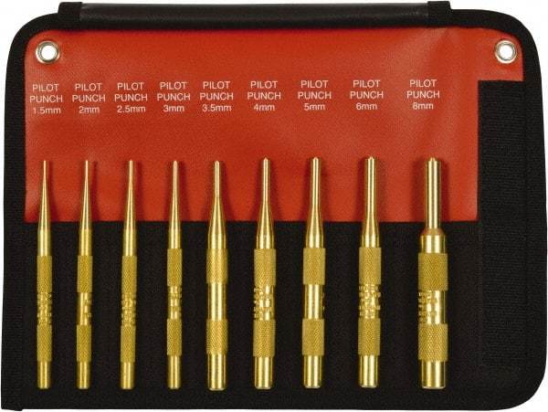 Mayhew - 9 Piece, 1.5 to 10mm, Pin Punch Set - Round Shank, Brass, Comes in Kit Bag - Best Tool & Supply