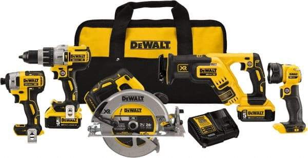 DeWALT - 20 Volt Cordless Tool Combination Kit - Includes 1/2" Brushless Hammerdrill, 1/4" Brushless Impact Driver, Brushless Reciprocating Saw, 7-1/2" Brushless Circular Saw & LED Worklight, Lithium-Ion Battery Included - Best Tool & Supply