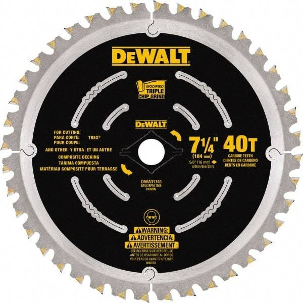 DeWALT - 7-1/4" Diam, 15.88mm Arbor Hole Diam, 40 Tooth Wet & Dry Cut Saw Blade - Steel, Framing Action, Standard Round Arbor - Best Tool & Supply