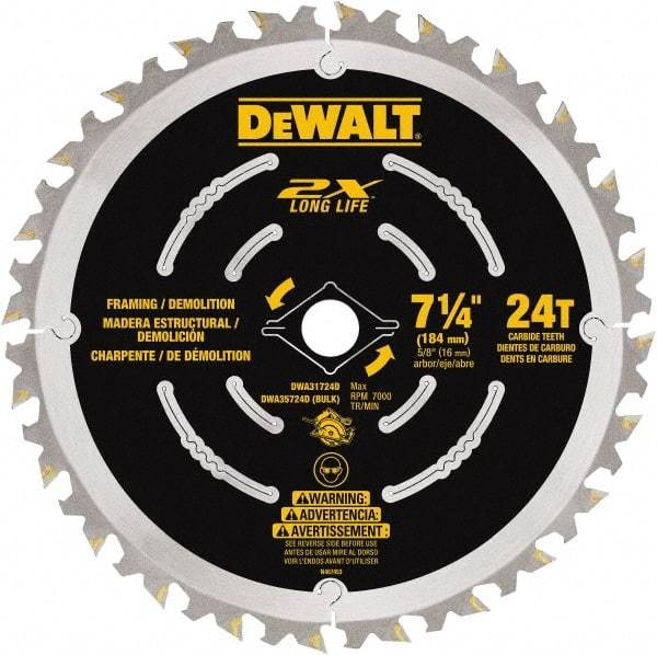 DeWALT - 7-1/4" Diam, 15.88mm Arbor Hole Diam, 48 Tooth Wet & Dry Cut Saw Blade - Steel, Framing Action, Standard Round Arbor - Best Tool & Supply