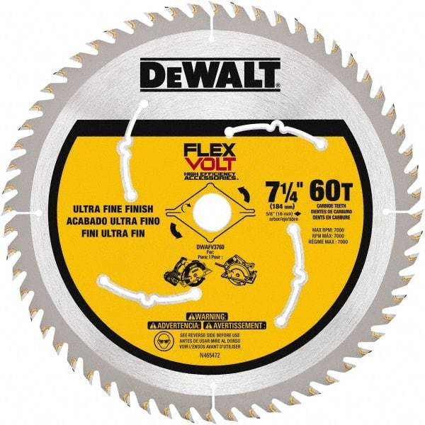 DeWALT - 7-1/4" Diam, 15.88mm Arbor Hole Diam, 60 Tooth Wet & Dry Cut Saw Blade - Steel, Smooth Action, Standard Round Arbor - Best Tool & Supply