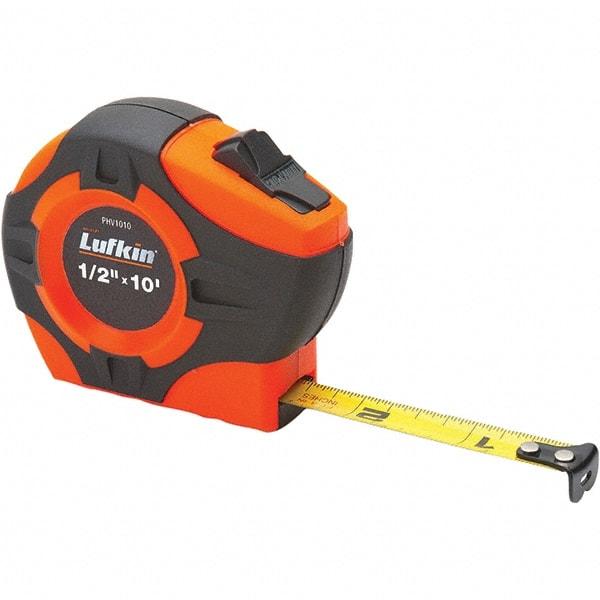 Lufkin - 12' x 1/2" Yellow Steel Blade Tape Measure - 1/16" Graduation, High-Visibility Orange ABS Rubber Grip Case - Best Tool & Supply