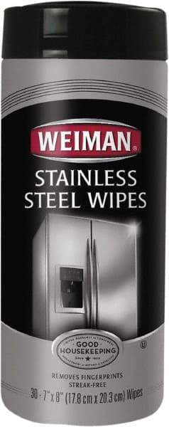 Weiman - Pre-Moistened Stainless Steel Cleaner Wipes - Canister, 8" x 7" Sheet Size, White - Best Tool & Supply