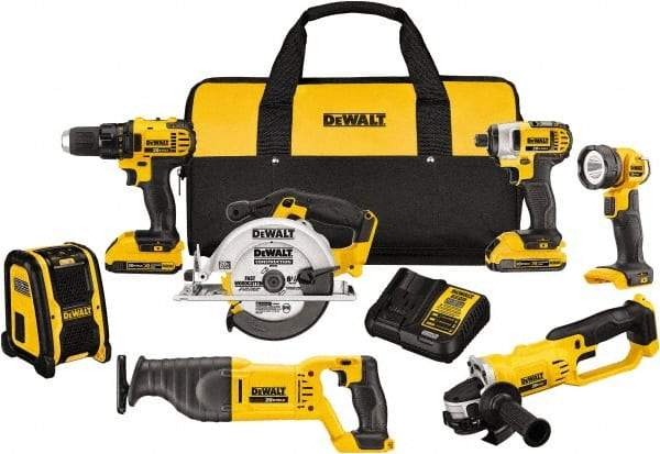 DeWALT - 20 Volt Cordless Tool Combination Kit - Includes 1/2" Compact Drill/Driver, 1/4" Impact Driver, Cut-off Tool/Grinder, Reciprocating Saw, 6-1/2 Circular Saw, LED Worklight & Bluetooth Speaker, Lithium-Ion Battery Included - Best Tool & Supply