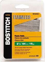 Stanley Bostitch - 16 Gauge 1/16" Shank Diam 2-1/2" Long Finishing Nails for Power Nailers - Stainless Steel, Smooth Shank, Straight Stick Adhesive Collation, Round Head, Chisel Point - Best Tool & Supply